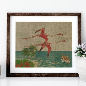 Flamingos Postcard Linen Print for Framing, Nautical Artwork