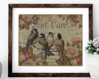 Birds with Roses Linen Print for Framing, Birds Wall Art