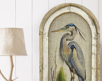 Heron Wall Art | Coastal Wall Decor | Linen & Distressed Wood Wall Hanging | Watercolor Framed Artwork | Florida Decor