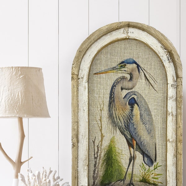 Heron Wall Art | Coastal Wall Decor | Linen & Distressed Wood Wall Hanging | Watercolor Framed Artwork | Florida Decor