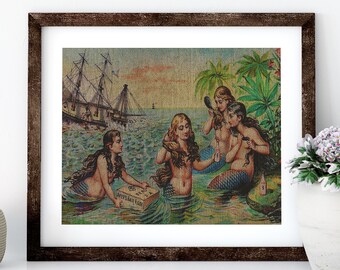 Mermaids Linen Print for Framing, Nautical Artwork