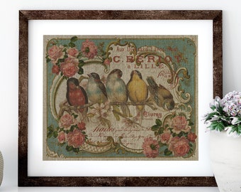 French Birds Linen Print for Framing, Birds Wall Art