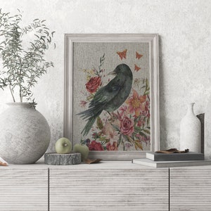 Raven Linen Art Print | Eclectic Crow Decor | Boho Wall Art | UNFRAMED Linen Print |