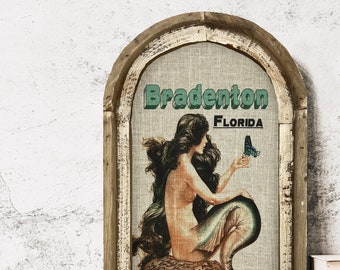 Bradenton, Florida Wall Art | Florida Postcard | Coastal Wall Decor | Mermaid Wall Art | Beach House | Wood & Linen Wall Art | Butterfly