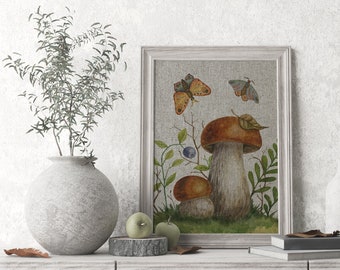 Mushroom Linen Art Print | Eclectic Decor | Boho Wall Art | UNFRAMED Linen Print |
