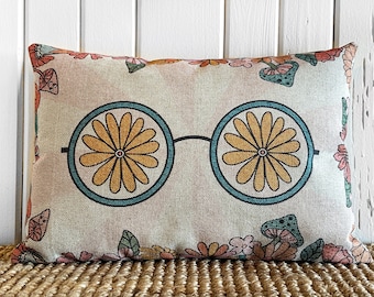 Groovy Throw Pillow | Eclectic Decor | Linen Lumbar Pillow | Hippy Pillow | Sunflowers | Minimalist Decor | 18" W x 12" H |