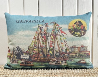 Gasparilla Lumbar Pillow |  Tampa Florida Postcard Decor | Coastal Throw Pillow | Ship Linen Pillow | 18" W x 12" H |