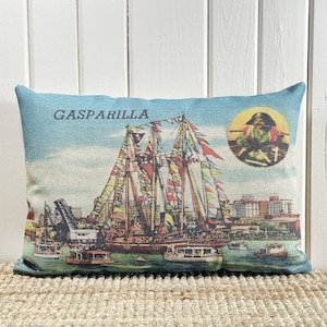 Gasparilla Lumbar Pillow |  Tampa Florida Postcard Decor | Coastal Throw Pillow | Ship Linen Pillow | 18&quot; W x 12&quot; H |