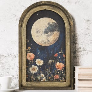 Moody Florals Art in Arched Wood Frame | Farmhouse Botanical Wall Decor | Wildflower Field Art | Eclectic Moon Wall Art