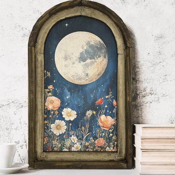 Moody Florals Art in Arched Wood Frame | Farmhouse Botanical Wall Decor | Wildflower Field Art | Eclectic Moon Wall Art