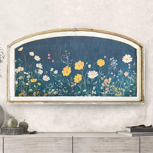 Moody Florals Wall Art | 20&quot; x 36&quot; | Floral Arched Wall Decor | Neutral Wall Art | Boho | Blue Flowers Decor