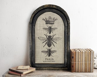 Bee Wall Art | Arch Window Frame | Linen Wall Hanging | French Farmhouse Decor |