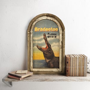 Bradenton, Florida Wall Art | Florida Postcard | Coastal Wall Decor | Alligator Wall Art | Gator | Wood & Linen Wall Art |