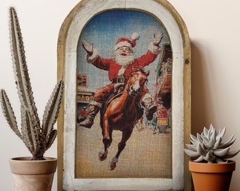 Western Santa Riding Horse Art | Eclectic Christmas Wall Decor in Rustic Arched Wood Frame | Unique Holiday Gift | Christmas Decoration |