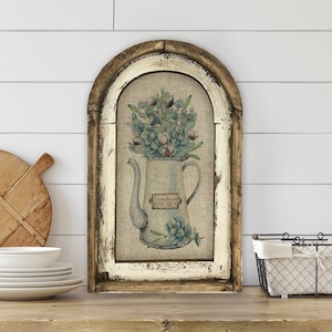 Farmhouse Herbs Wall Art | 14" x 22" | Arch Window Frame | Linen Wall Hanging |  Farmhouse Kitchen Decor |