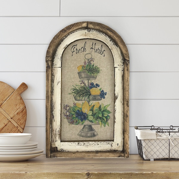 Fresh Herbs Wall Art | Arch Window Frame | Linen Wall Hanging |  Farmhouse Kitchen Decor |
