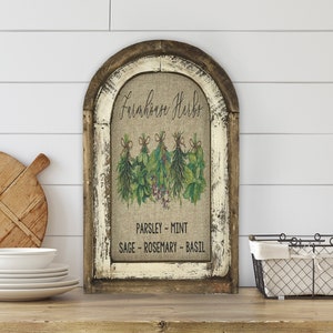 Fresh Herbs Wall Art | 14" x 22" | Arch Window Frame | Rustic Garden Decor |  Farmhouse Kitchen Sign |