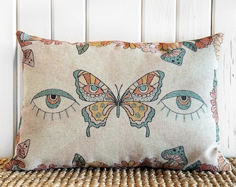 Boho Throw Pillow | Eclectic Decor | Linen Lumbar Pillow | Hippy Pillow | Butterfly | Minimalist Decor | 18" W x 12" H |
