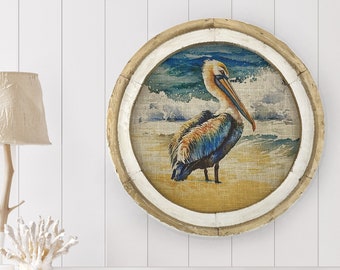 Pelican Wall Decor | 20" x 20" | Coastal Wall Decor | Linen & Wood Round Wall Decor | Circular Nautical Decor | Beach House