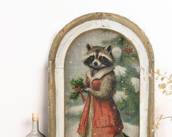 Christmas Raccoon Wall Art | 14" x 22" | Christmas Wall Art | Winter Woodland Wall Hanging | Farmhouse Xmas Decor |