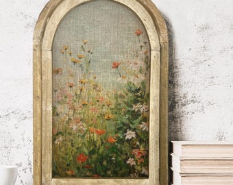 Subtle Green Florals Wall Art, Handmade Wooden Arch Frame, Rustic Linen Print, Farmhouse Decor