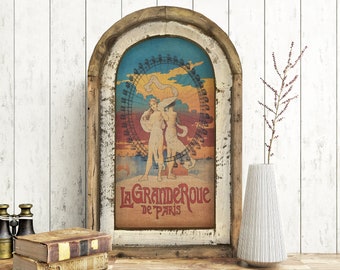 Grande Roue de Paris Wall Art | 14" x 22" | Arch Window Frame | Linen Wall Hanging | French Farmhouse Decor |