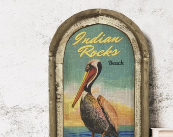 Indian Rocks Beach Wall Art | Florida Postcard | Coastal Wall Decor | Pelican Wall Art | Beach House | Wood & Linen Wall Art |