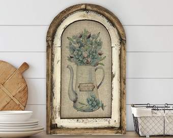 Farmhouse Herbs Wall Art | 14" x 22" | Arch Window Frame | Linen Wall Hanging |  Farmhouse Kitchen Decor |