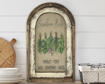 Fresh Herbs Wall Art | 14" x 22" | Arch Window Frame | Rustic Garden Decor |  Farmhouse Kitchen Sign |
