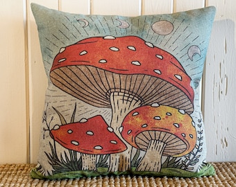 Mushroom Throw Pillow | Eclectic Decor | Spring Mushrooms Cushion | Linen & Cotton Blend | Groovy