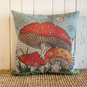 Mushroom Throw Pillow | Eclectic Decor | Spring Mushrooms Cushion | Linen & Cotton Blend | Groovy