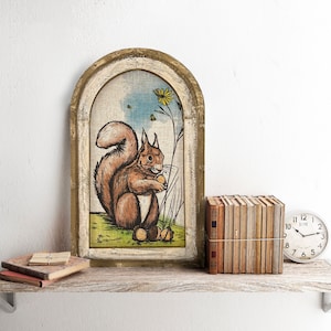 Squirrel Wall Decor | 14&quot; x 22&quot; | Woodland Spring Wall Art | Linen Wall Hanging | Rustic Farmhouse Decor |
