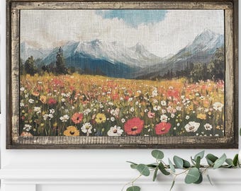 Mountain Landscape Wall Art | 24" x 36" | Solid Wood Frame | Cottagecore Living Room Decor | Wildflower Decor | Framed Floral Wall Decor