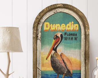 Dunedin, Florida Wall Art | Florida Postcard | Coastal Wall Decor | Pelican Wall Art | Beach House | Wood & Linen Wall Art |