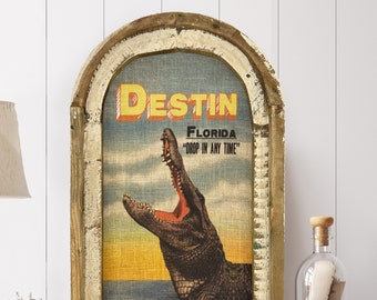 Destin, Florida Wall Art | Okaloosa County | Coastal Wall Decor | Alligator Wall Art | Gator | Wood & Linen Wall Art | Postcard