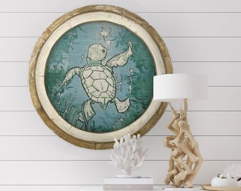 Sea Turtle Wall Art | 20" x 20" | Coastal Wall Decor | Linen & Wood Handmade Art | Nautical Ocean Decor | Beach House