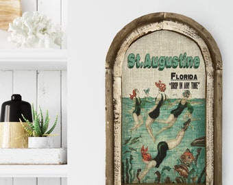 St. Augustine, Florida Wall Art | Florida Postcard | Coastal Wall Decor | Mermaid Wall Art | Beach House | Wood & Linen Wall Art |