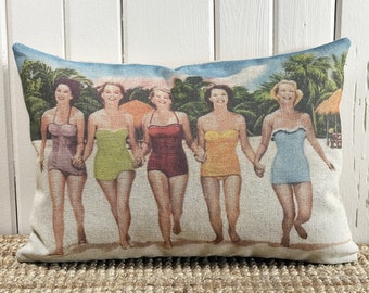Girls on Beach Lumbar Pillow |  Florida Postcard Decor | Coastal Throw Pillow | Linen Pillow | 18" W x 12" H |