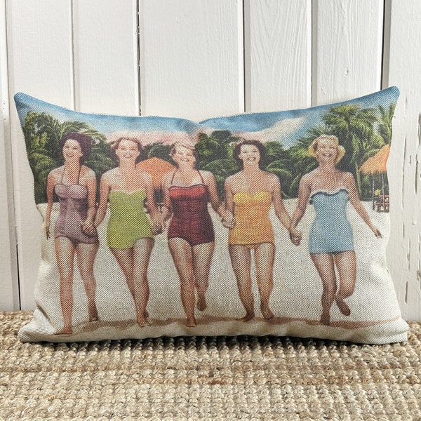 Girls on Beach Lumbar Pillow |  Florida Postcard Decor | Coastal Throw Pillow | Linen Pillow | 18" W x 12" H |