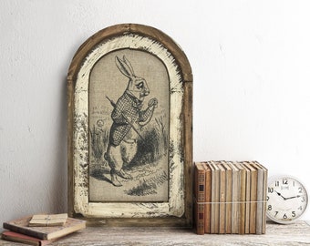 White Rabbit Wall Art | 14" x 22" | Arch Window Frame | Linen Wall Hanging | Rustic Farmhouse Decor |
