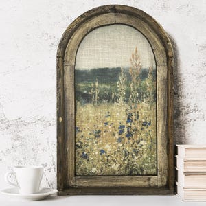 Flower Wall Art in Arched Wood Frame | Farmhouse Botanical Wall Decor | Wildflower Field Art | Rustic Flower Farm | Cottagecore