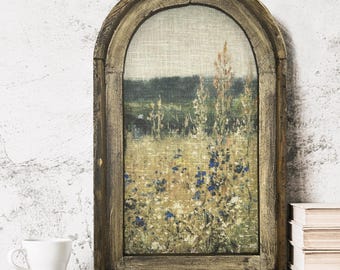 Flower Wall Art in Arched Wood Frame | Farmhouse Botanical Wall Decor | Wildflower Field Art | Rustic Flower Farm | Cottagecore