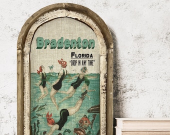 Bradenton, Florida Wall Art | Florida Postcard | Coastal Wall Decor | Mermaid Wall Art | Beach House | Wood & Linen Wall Art |