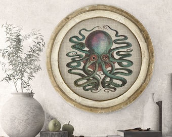 Octopus Wall Art | 20" x 20" | Circular Wall Decor | Linen & Wood Handmade Art | Coastal Decor | Eclectic