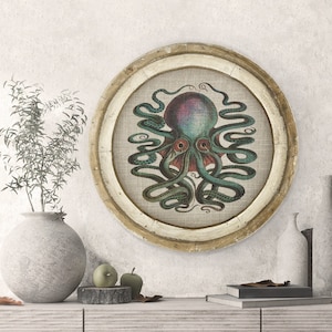Octopus Wall Art | 20&quot; x 20&quot; | Circular Wall Decor | Linen & Wood Handmade Art | Coastal Decor | Eclectic