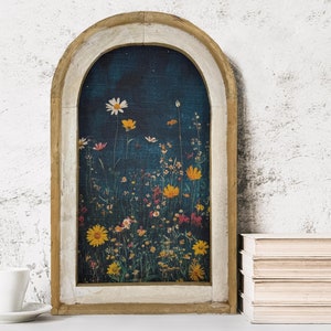 Moody Flower Art in Arched Wood Frame | Farmhouse Botanical Wall Decor | Wildflower Field Art | Rustic Flower Farm