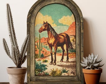 Western Wall Art | Horse Linen Print in Handmade Wooden Frame
