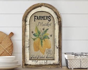 Lemons Wall Art | 14" x 22" | Arch Window Frame | Linen Wall Hanging | Farmhouse Decor |