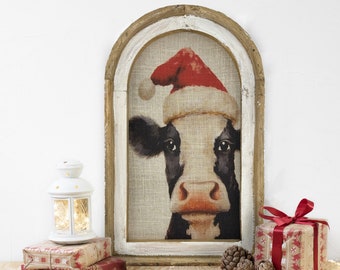 Christmas Cow Wall Decor | 14" x 22" | Farmhouse Christmas Wall Art | Winter Wall Hanging | Farmhouse Xmas Decor |