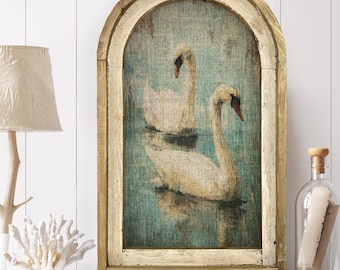 Swan Art Wall Decor | Coastal Linen Print in Wooden Window Frame